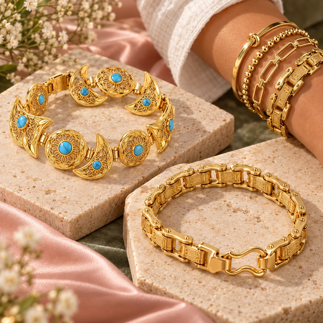 Golden bracelets styled on warm stone